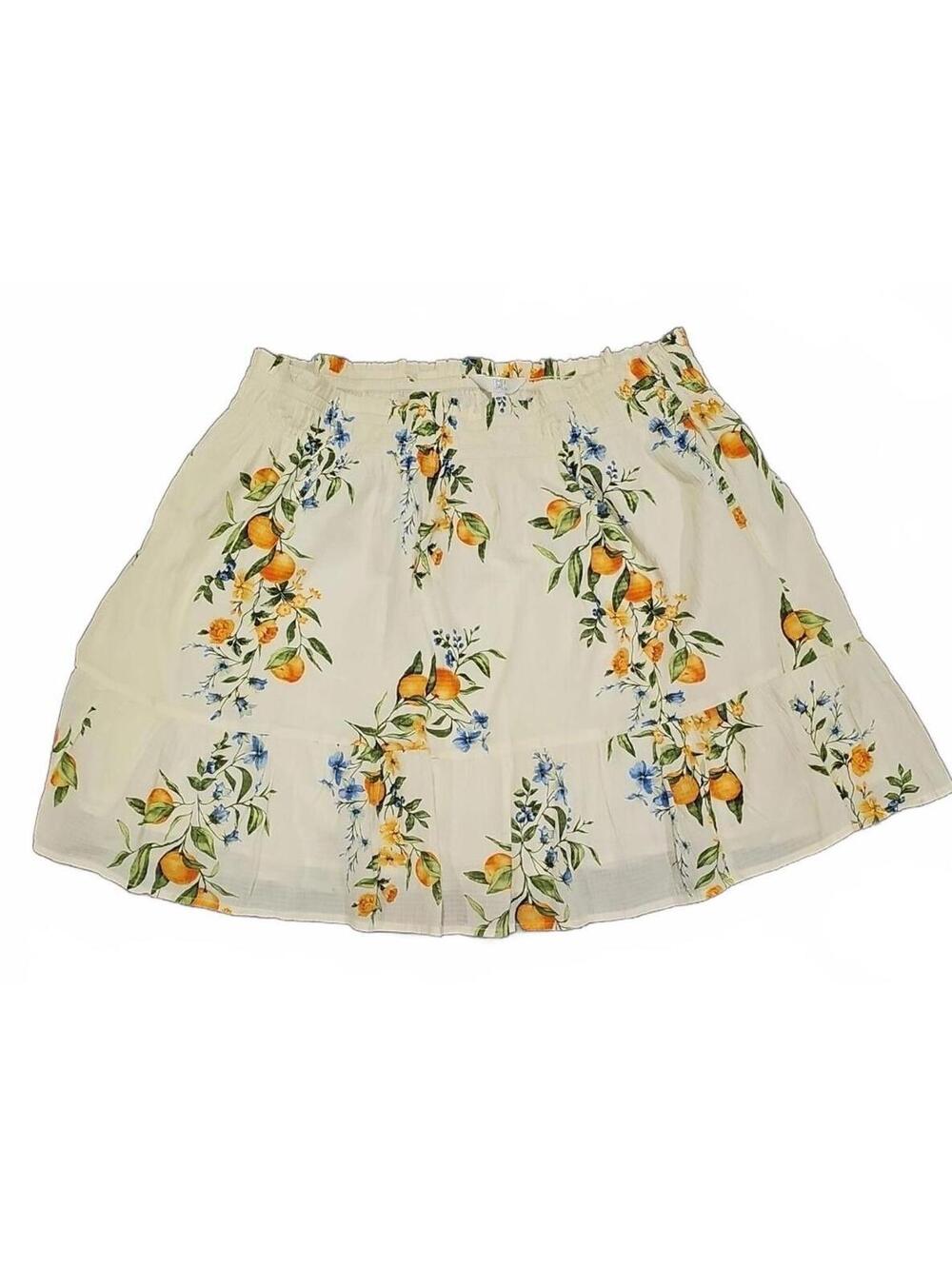 Time and Tru Mini Skirt Women XL (16-18) White Fruit Seersucker Tiered Pull-On